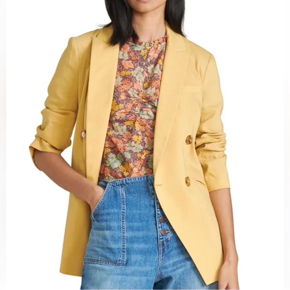Veronica Beard Nisha Double Breasted Linen Blazer Jacket In Vintage Yellow